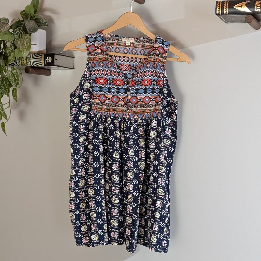 Umgee | Navy Floral Tribal Babydoll Henley Tank | Women's Size S